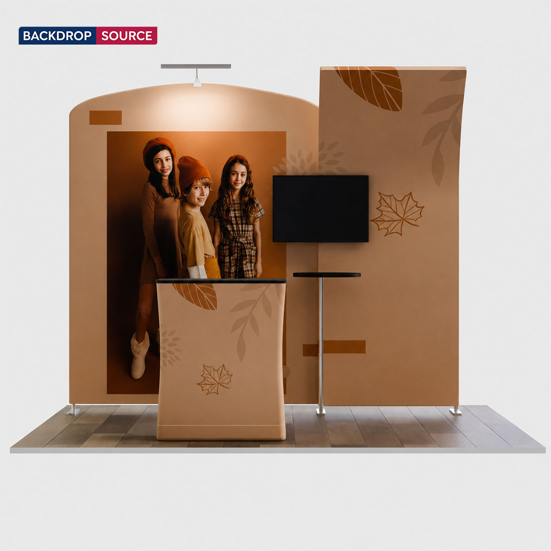 3x3m Booth Kit with Curved Wall & Sloped Arch, Counter & TV