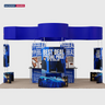 6x6m Island Booth with Curved Wall Panels & Display Shelving