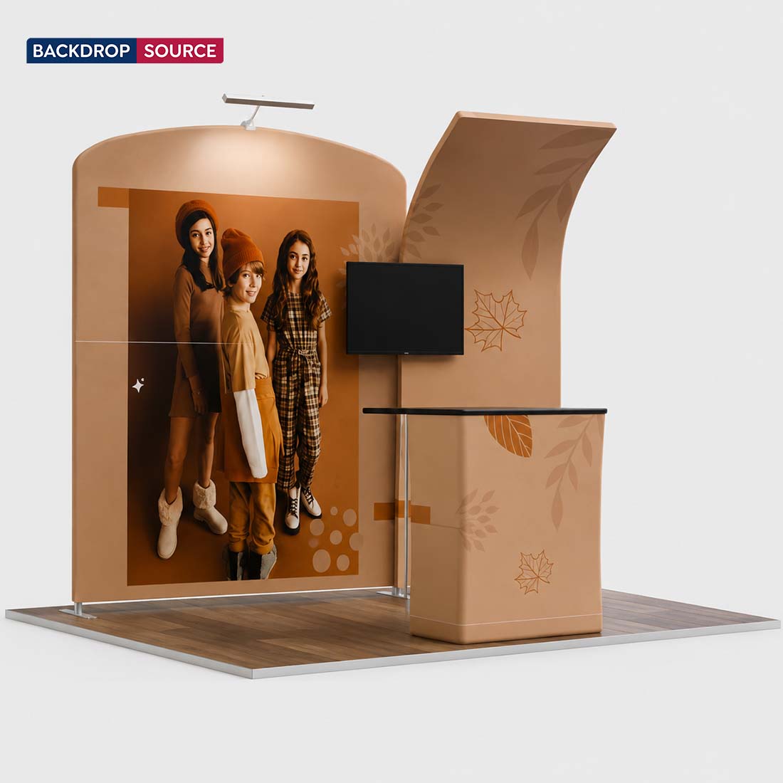 3x3m Booth Kit with Curved Wall & Sloped Arch, Counter & TV