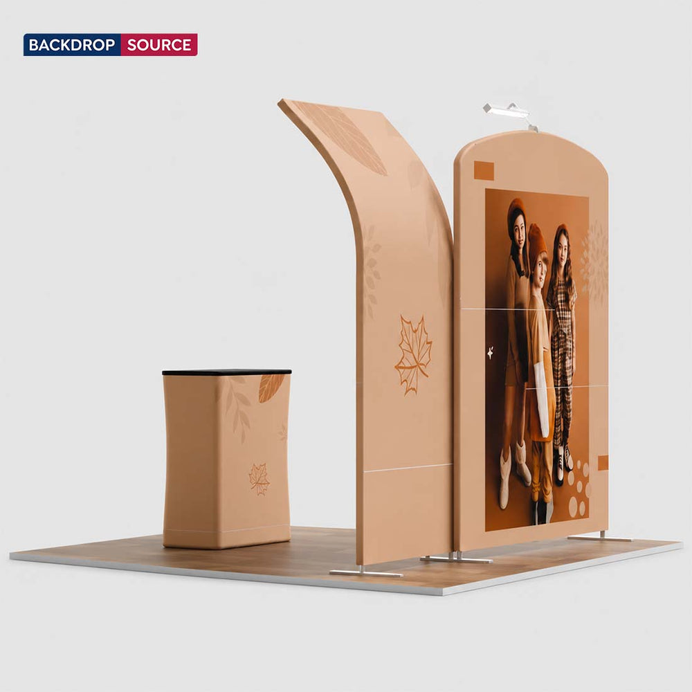3x3m Booth Kit with Curved Wall & Sloped Arch, Counter & TV
