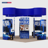 6x6m Island Booth with Curved Wall Panels & Display Shelving