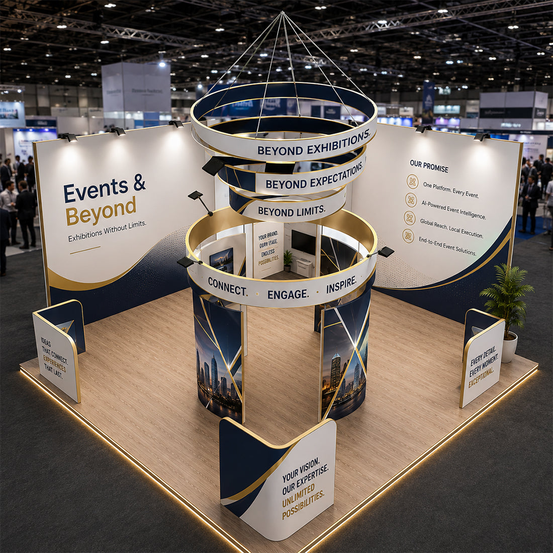 6x6m Island Booth with 360 Photo Booth & Tiered Hanging Sign