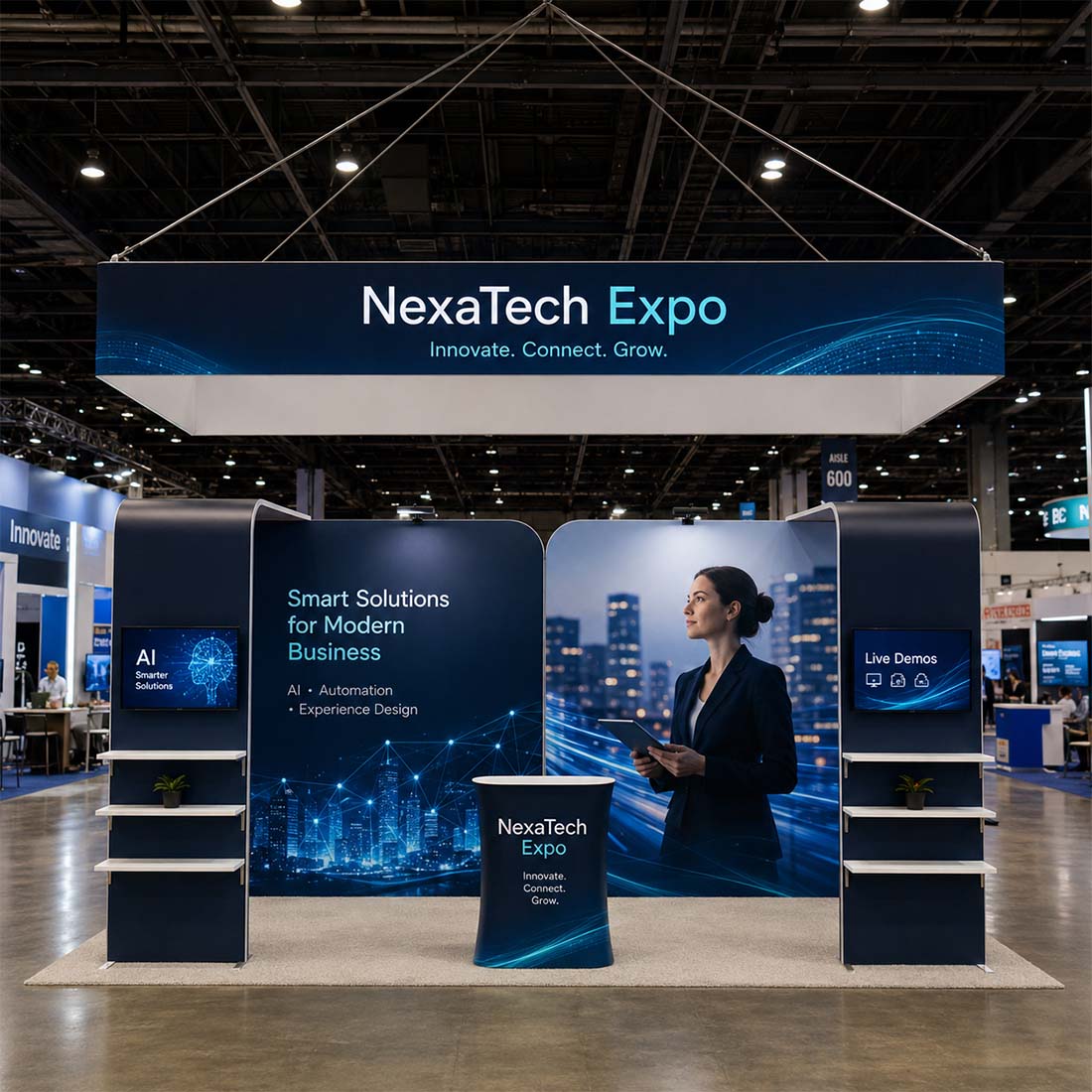 3x6m Booth Kit with 2 L-Shape TV Towers & Hanging Banner