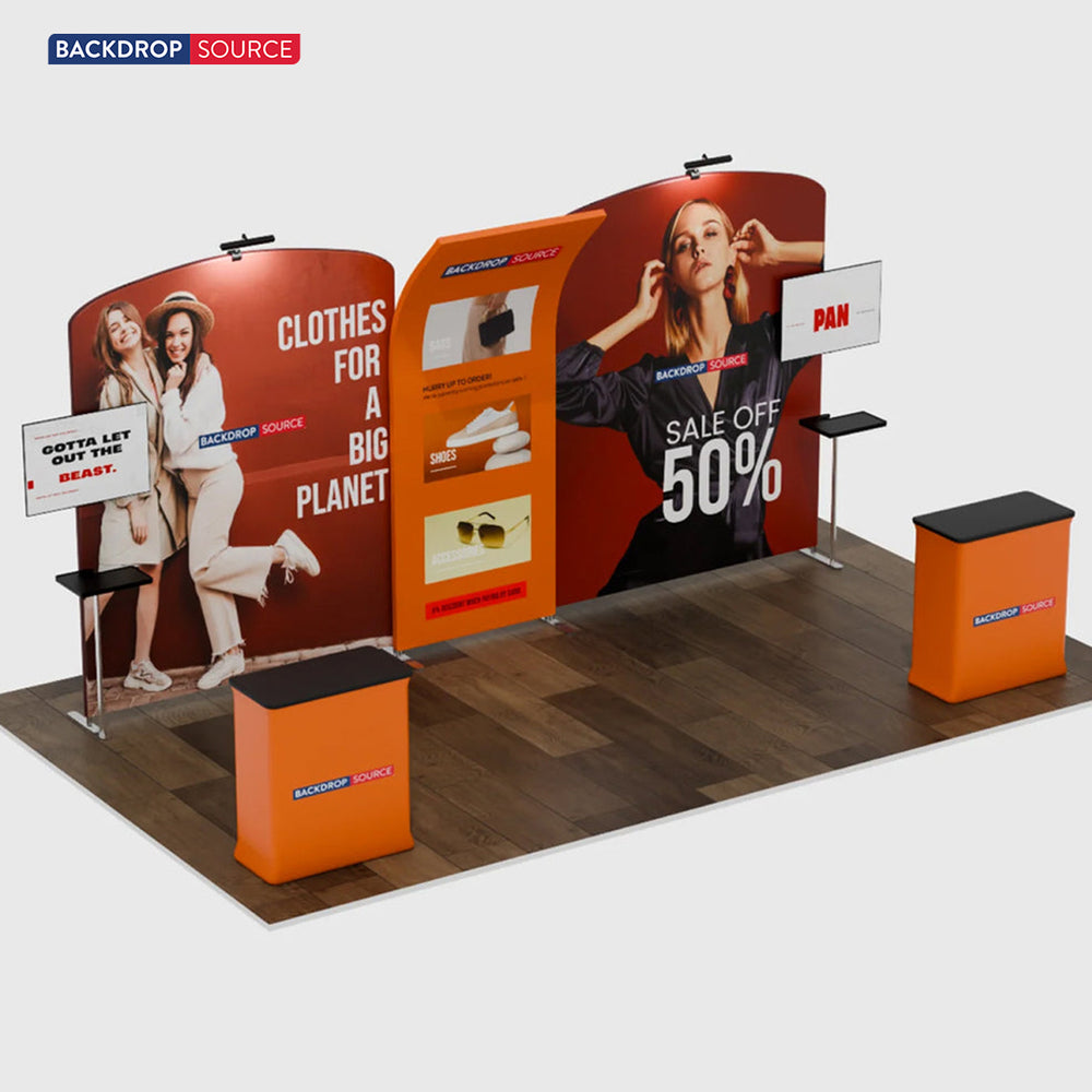 6x3m Booth Kit with Curved & Slanted Walls, 2 Counters & TVs