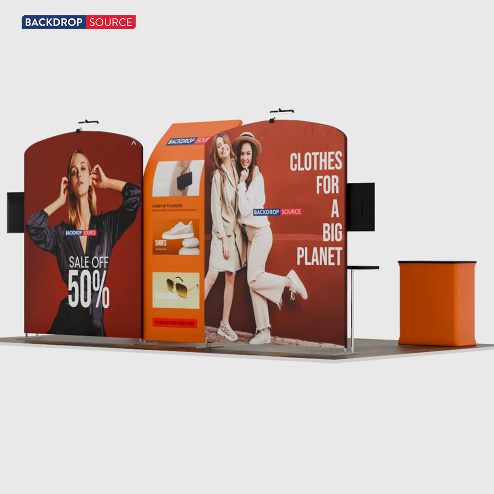6x3m Booth Kit with Curved & Slanted Walls, 2 Counters & TVs