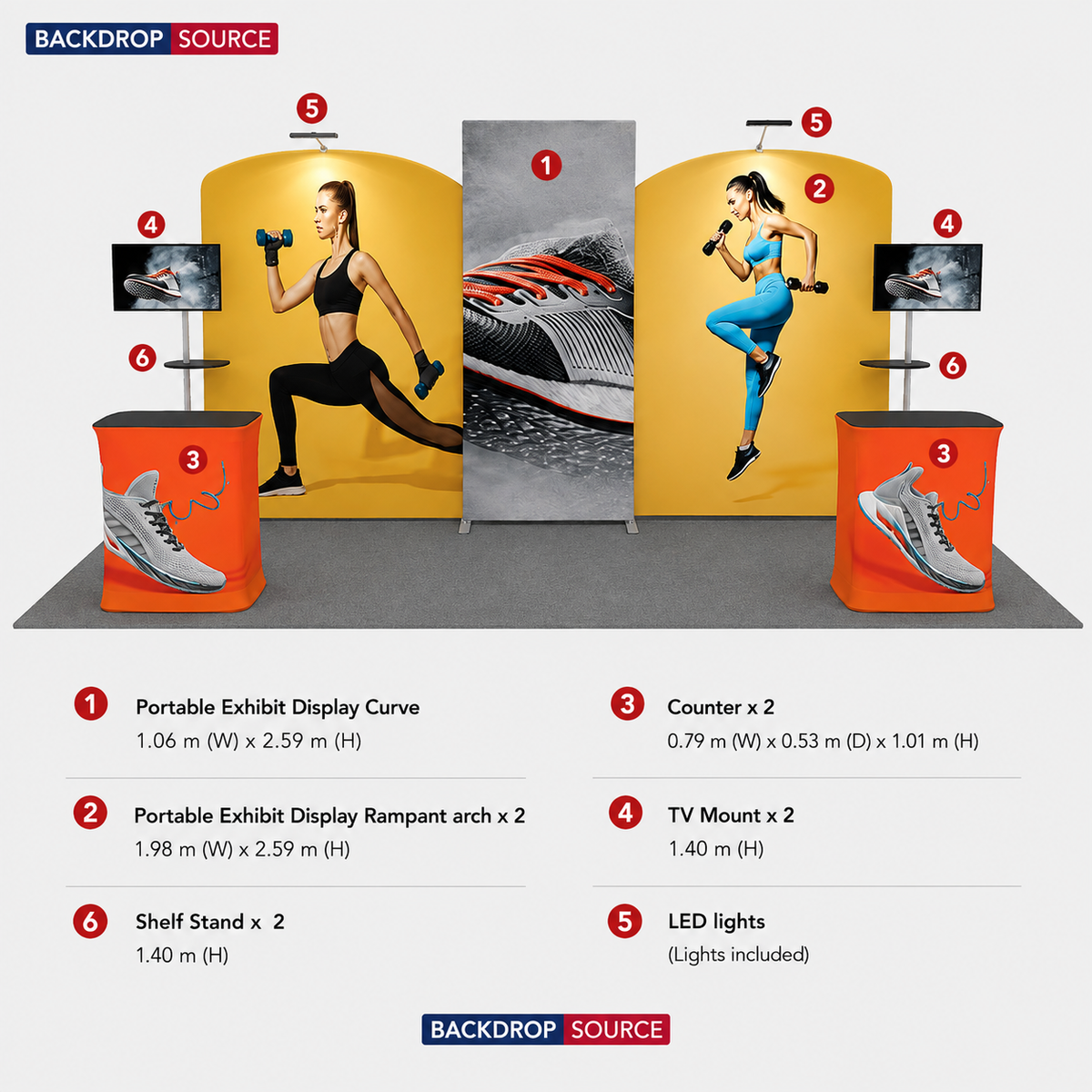 6x3m Booth Kit with Curved & Slanted Walls, 2 Counters & TVs