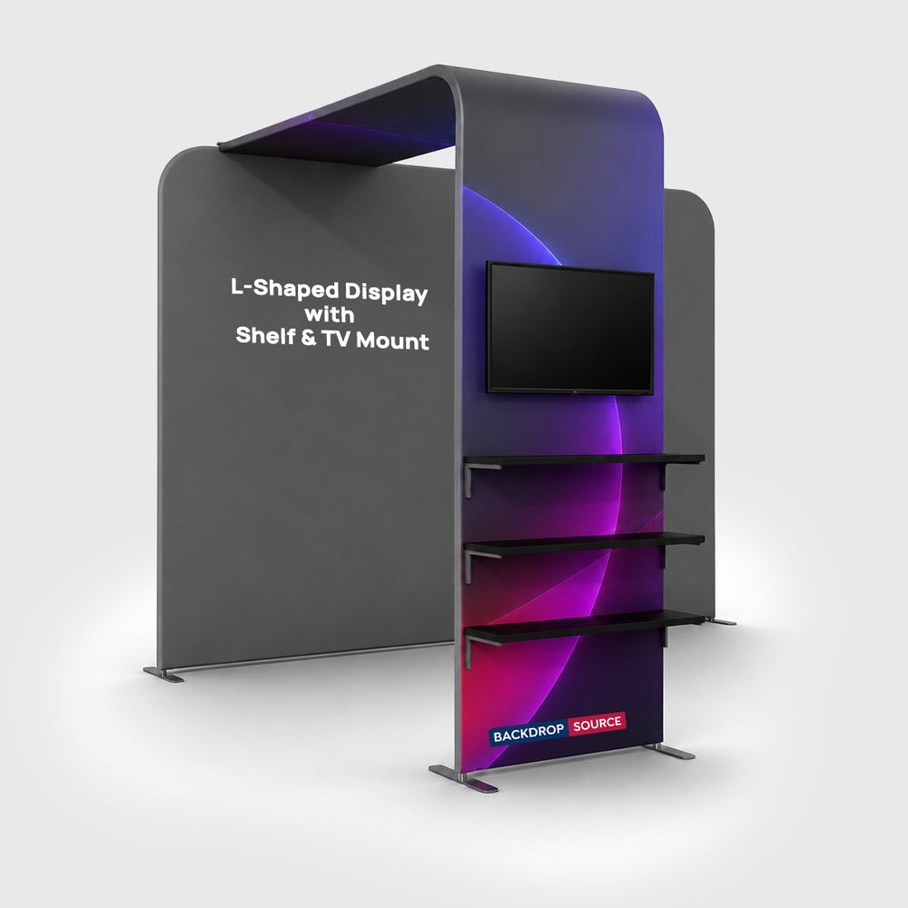 Portable L-Shaped Fabric Display with Shelf & TV Mount