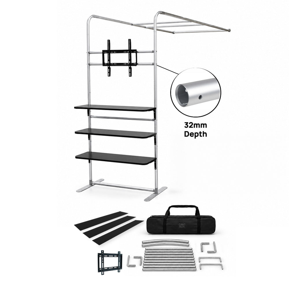 Portable L-Shaped Fabric Display with Shelf & TV Mount