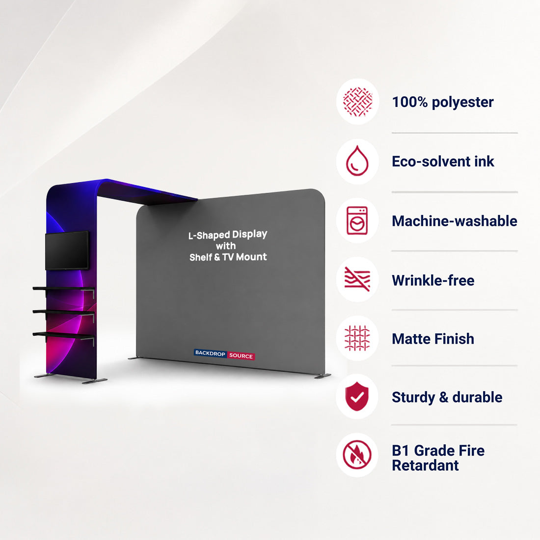 Portable L-Shaped Fabric Display with Shelf & TV Mount