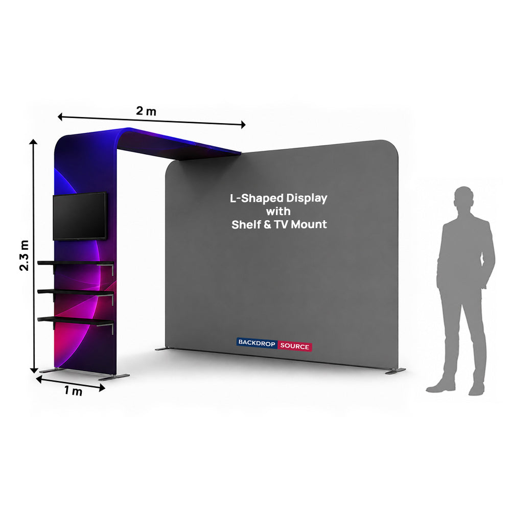 Portable L-Shaped Fabric Display with Shelf & TV Mount